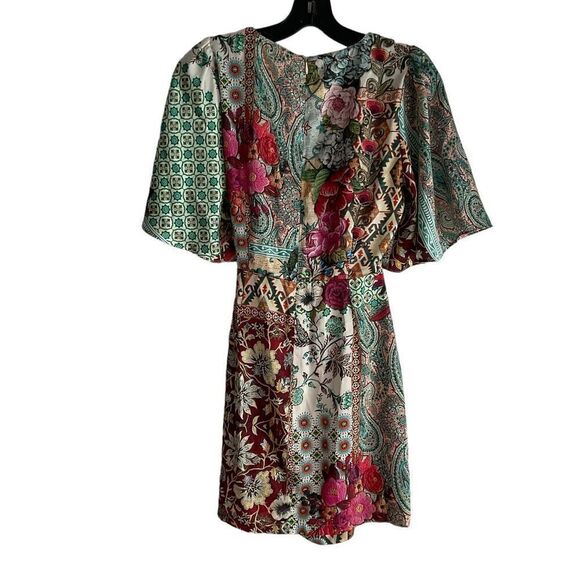 Zara Wrap Dress Patchwork Paisley Floral Aztec Tan Green Blue Zipper Back Small - Picture 10 of 11